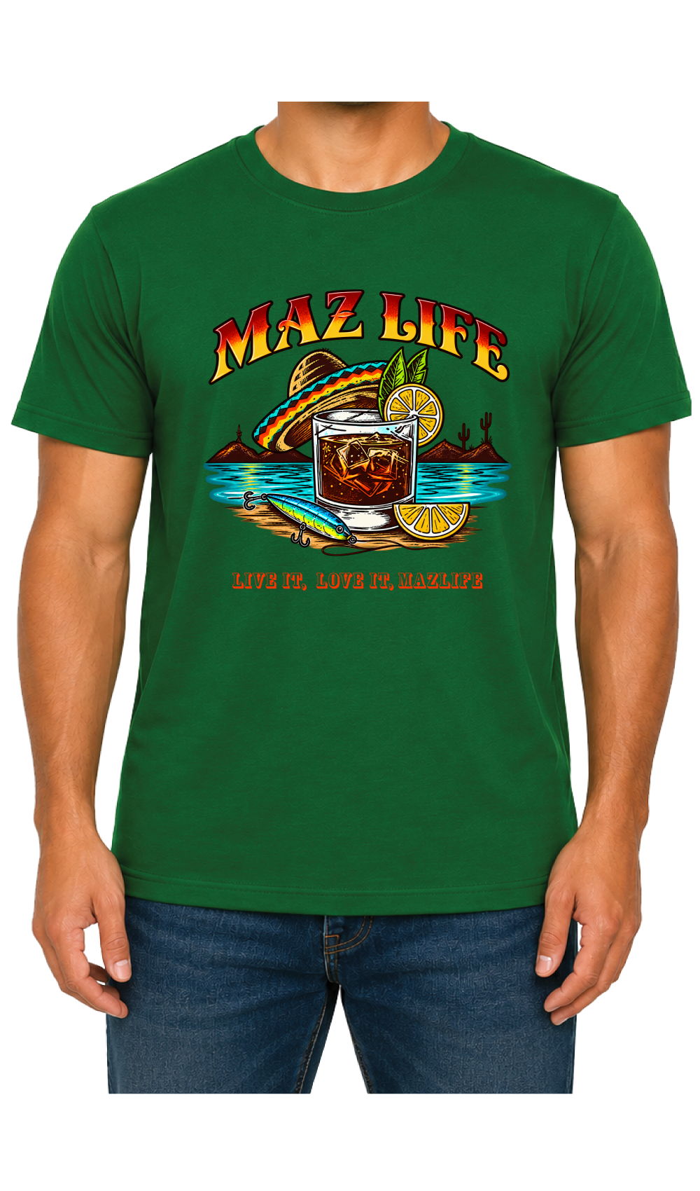 MazLife Glass & Sombrero Forest Green Front T-shirt mockup